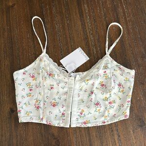 Bershka Floral Summer Satin Corset Crop Top White NWT Size S